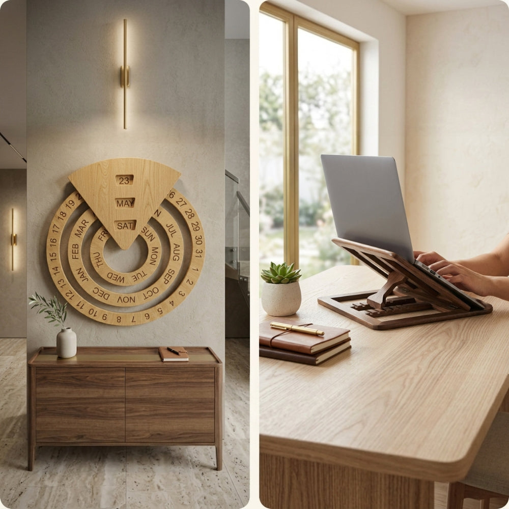 Productivity Essentials Bundle (Wooden Wall Calendar + Adjustable Laptop Stand)