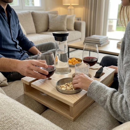 Two people enjoying drinks and snacks on a wooden tray in a cozy living room.