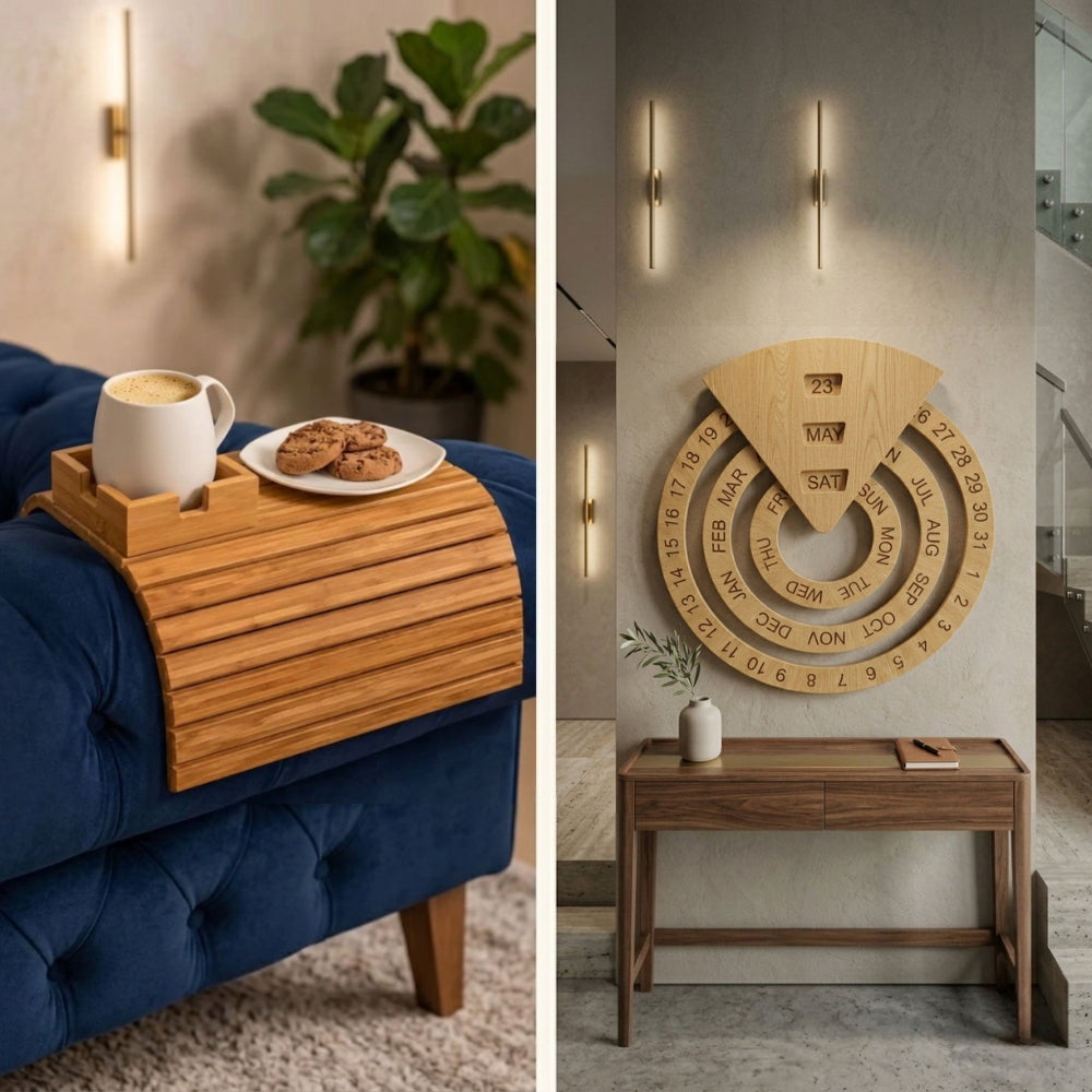 Home Comfort Bundle (Bamboo Sofa Tray + Wooden Wall Calendar)