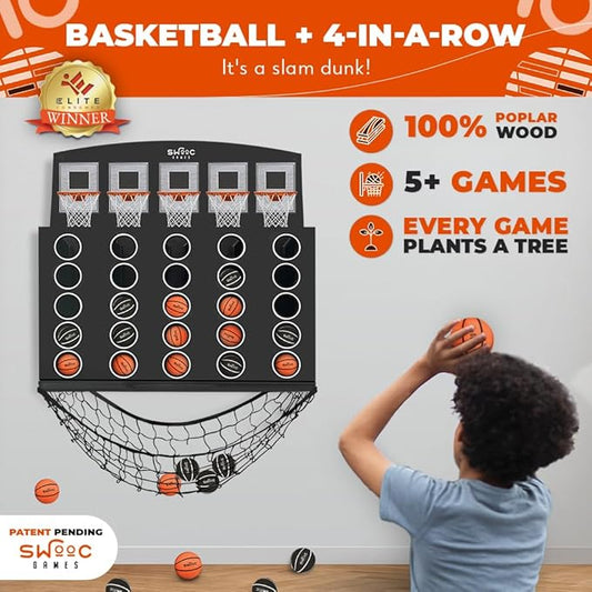 Wall Mounted Giant Basketball 4-in-1 Row Game | Indoor Mini Basketball Hoop Connect Game Set