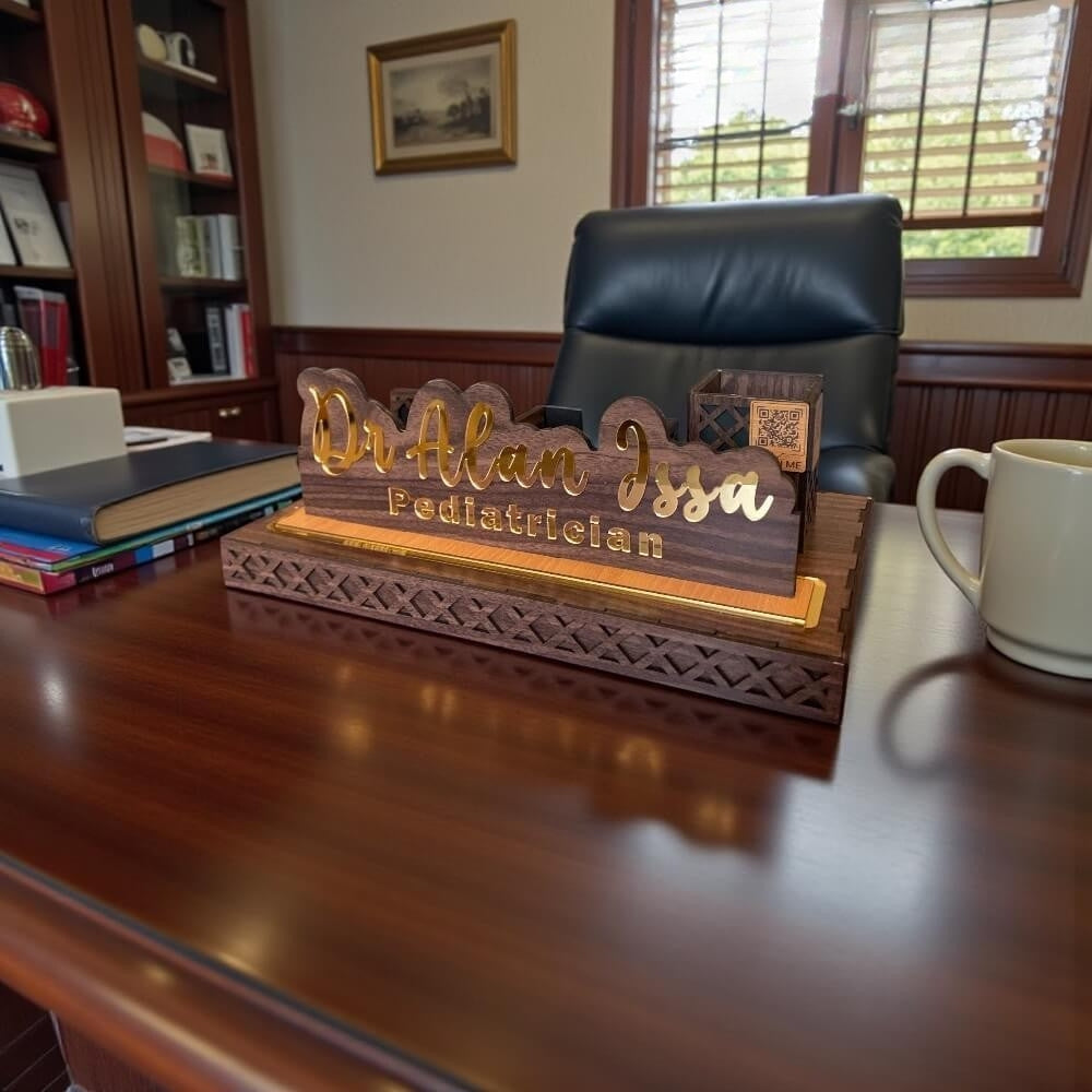 Personalized Wooden Desk Plaque with Smart QR Mirror Panel