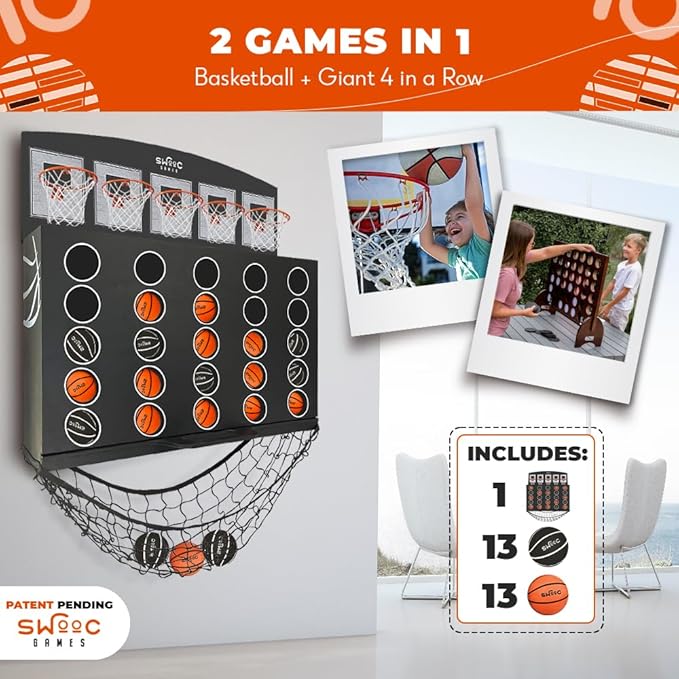 Wall Mounted Giant Basketball 4-in-1 Row Game | Indoor Mini Basketball Hoop Connect Game Set