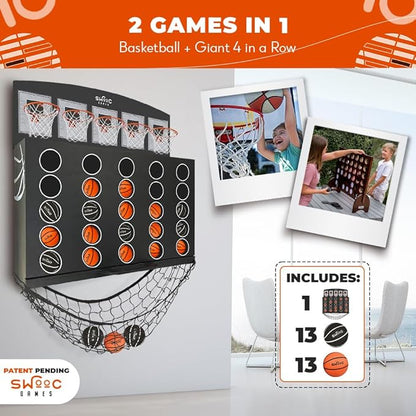 Wall Mounted Giant Basketball 4-in-1 Row Game | Indoor Mini Basketball Hoop Connect Game Set