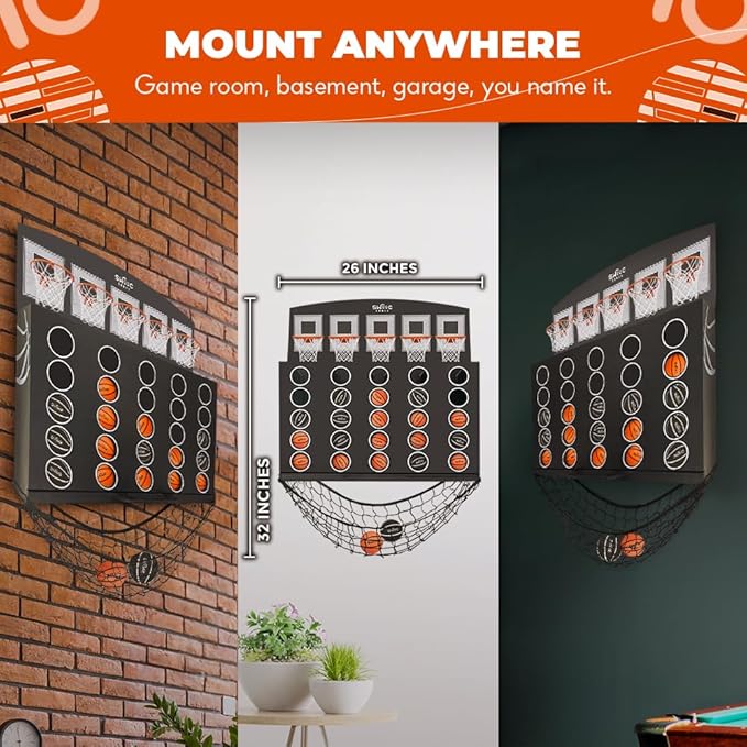 Wall Mounted Giant Basketball 4-in-1 Row Game | Indoor Mini Basketball Hoop Connect Game Set