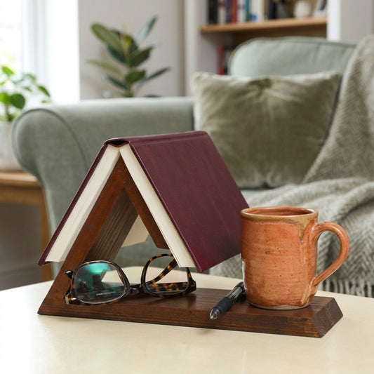 Wooden bookend with books, glasses, and a mug on a table in a cozy living room.
