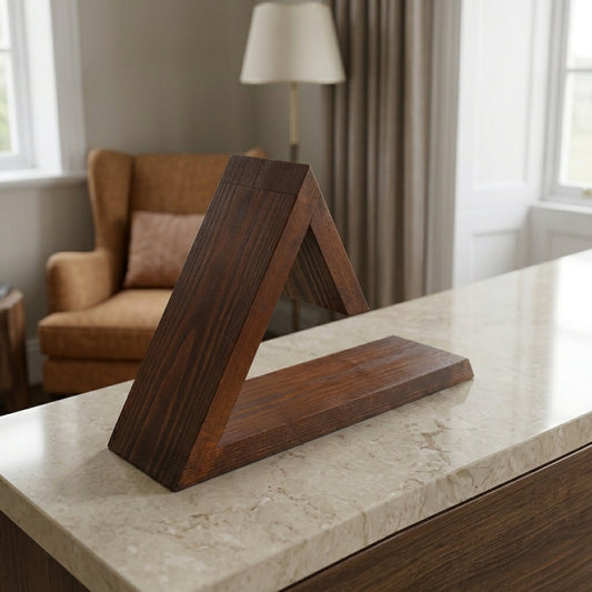 Wooden bookend on a marble surface with a cozy room background
