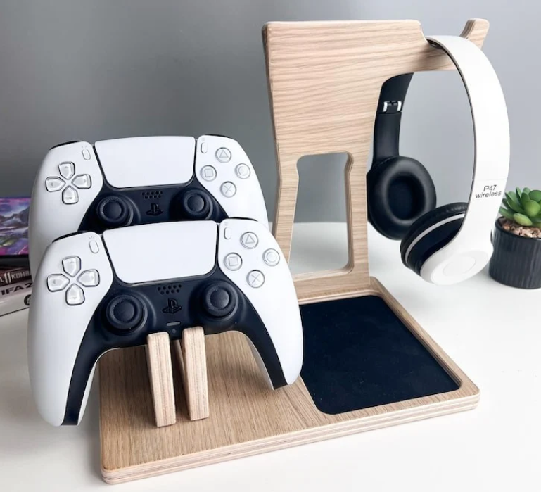 Wooden Gaming Stand for Dual PS5 Controllers & Headset