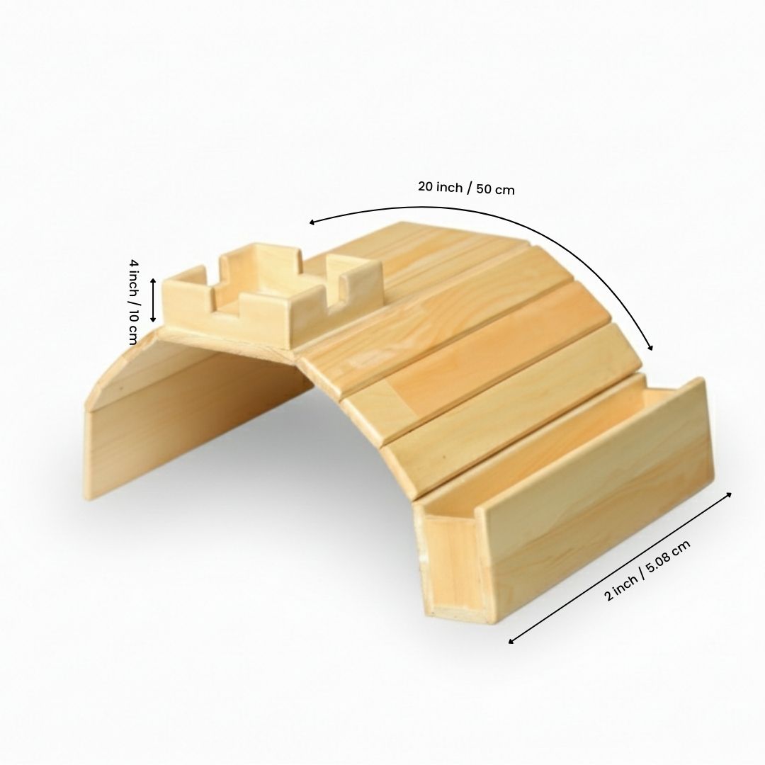 Wooden pet ramp with measurements on a white background