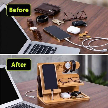 Before and after comparison of a desk setup with a wooden organizer.