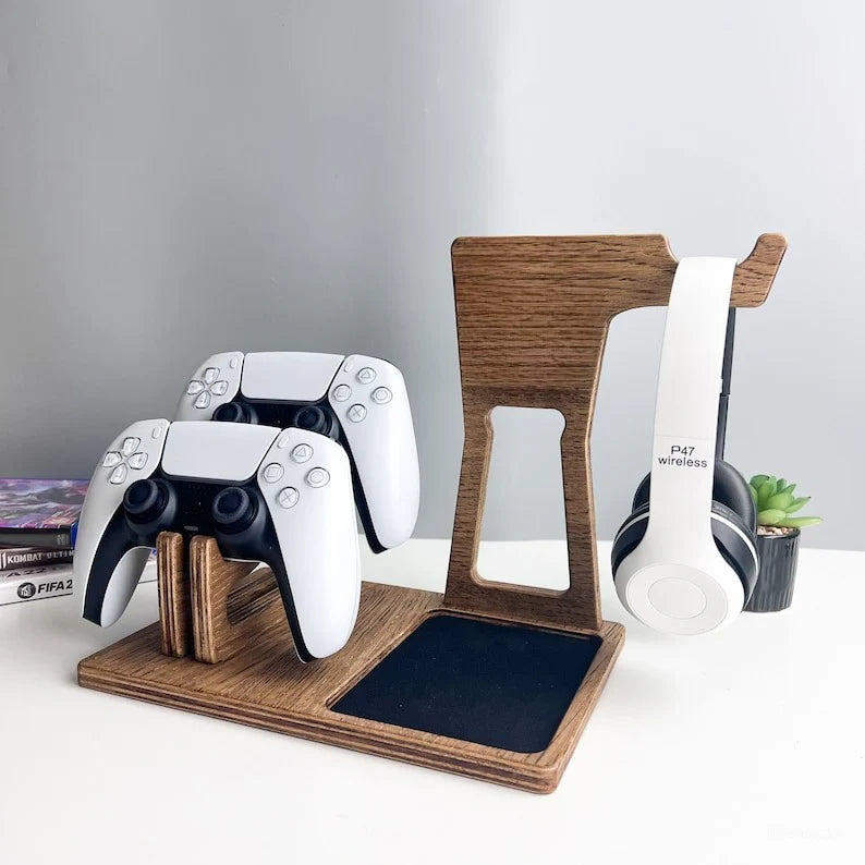 Wooden Gaming Stand for Dual PS5 Controllers & Headset