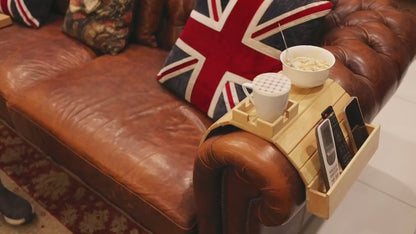 Wooden Sofa Arm Tray with Cup Holder, Phone & Remote Organizer